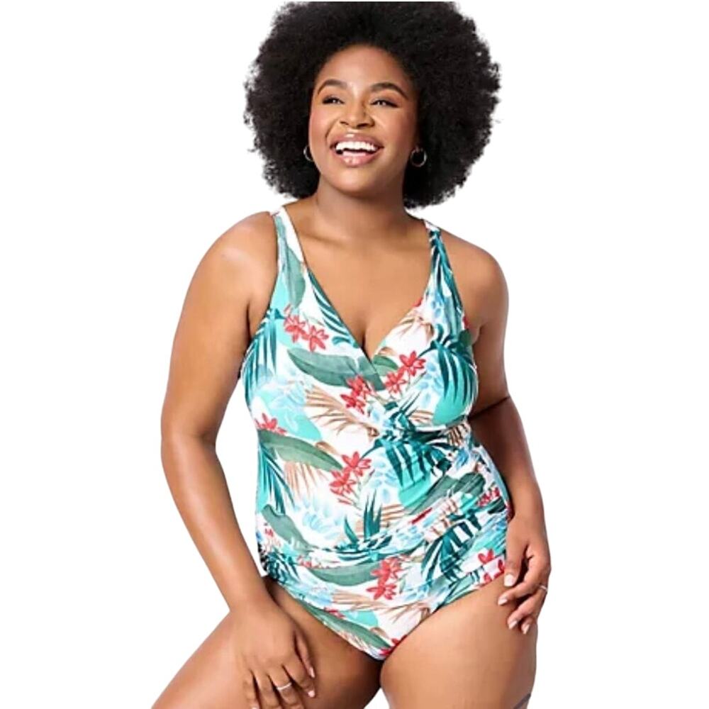 Jantzen Draped Surplice Mailot One-Piece Swimsuit TROPICAL PALM NWT SIZE 4